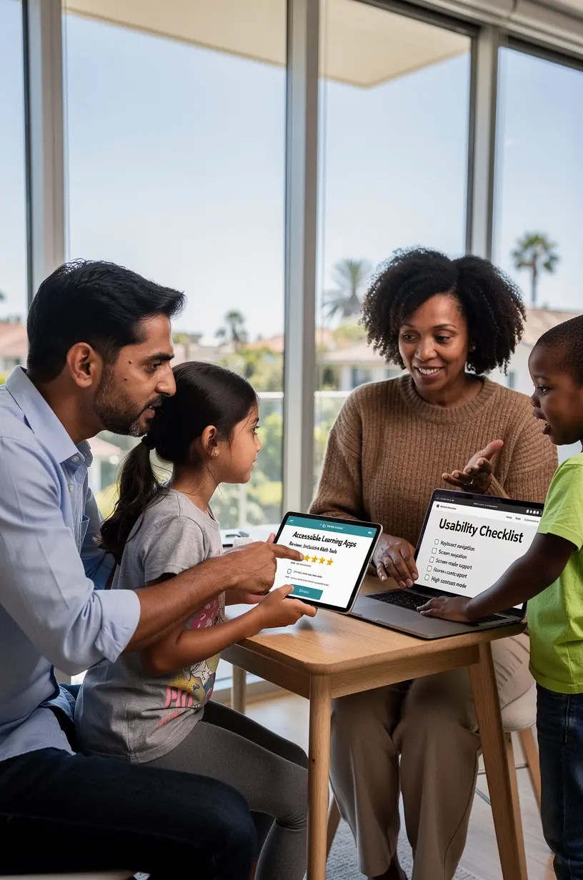 Illustration of diverse users engaging with accessible digital tools on various devices.